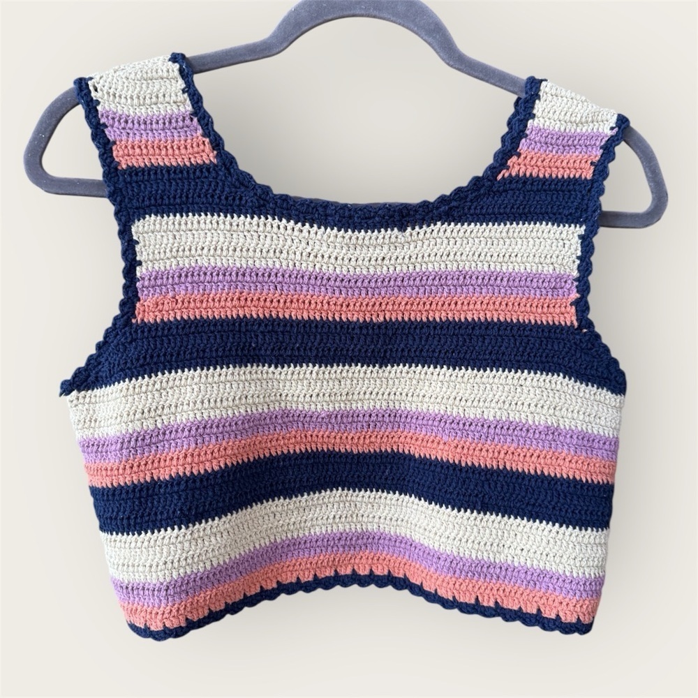 By Together Striped knit Crochet Tank cropped Top 100% cotton EUC